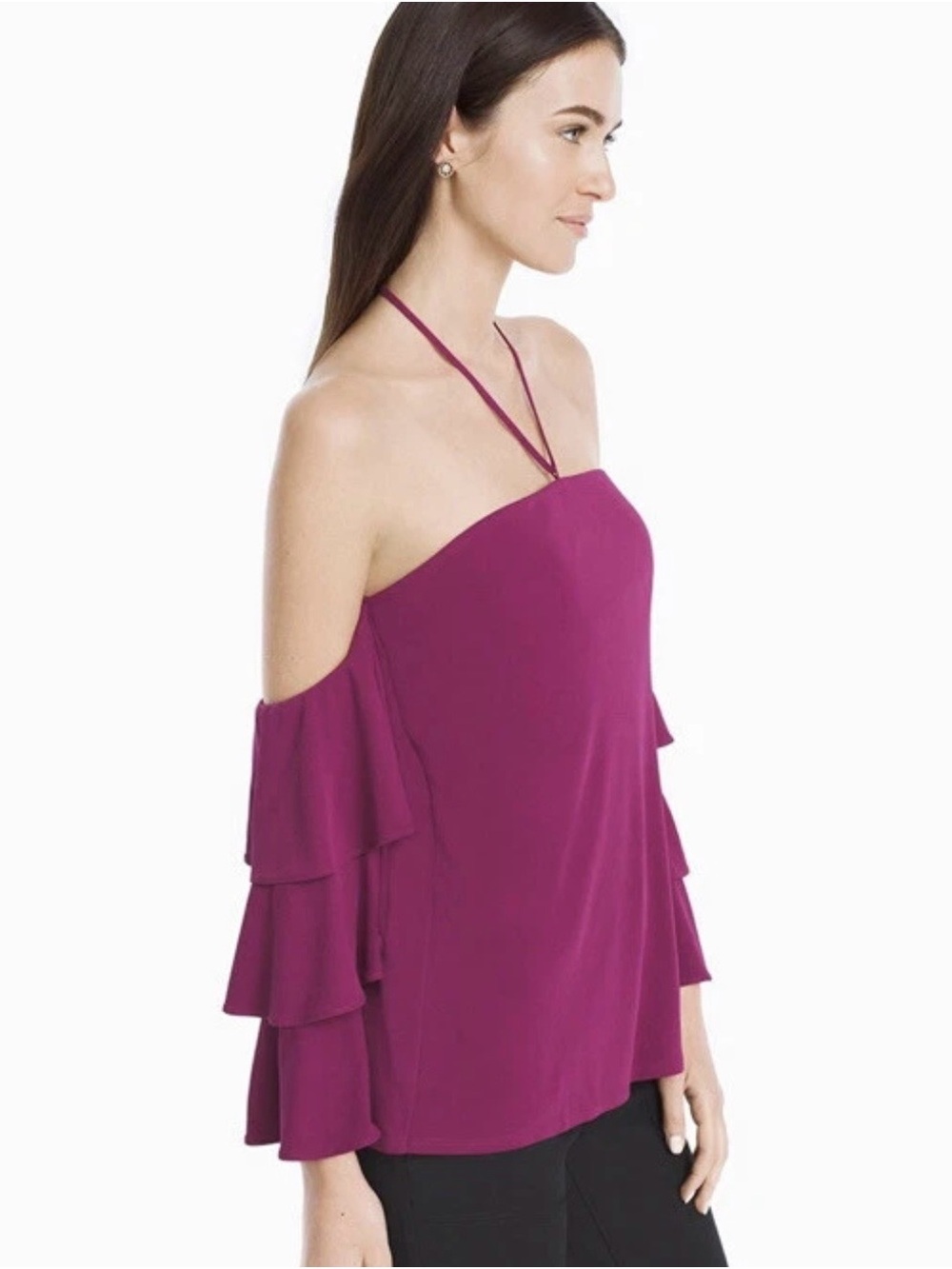 White House Black Market Magenta Cold-Shoulder Halter Ruffle Blouse Size 12